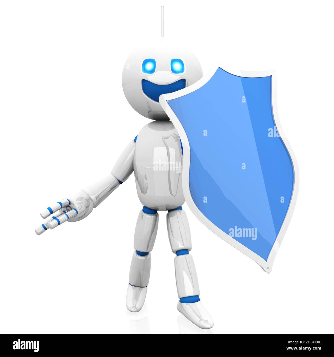 3D gerendert Illustration eines Cartoon-Roboter Verteidigung mit einem Schild. Stockfoto