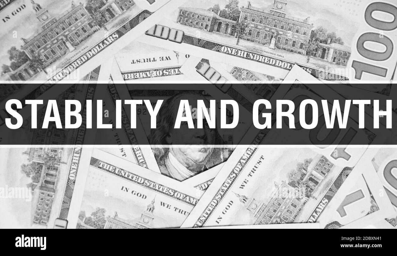 Stabilität und Wachstum Textkonzept Closeup. American Dollars Cash Money, 3D-Rendering. Stabilitäts- und Wachstumspakt bei der Dollar-Banknote. Finanzielle USA Geld Stockfoto