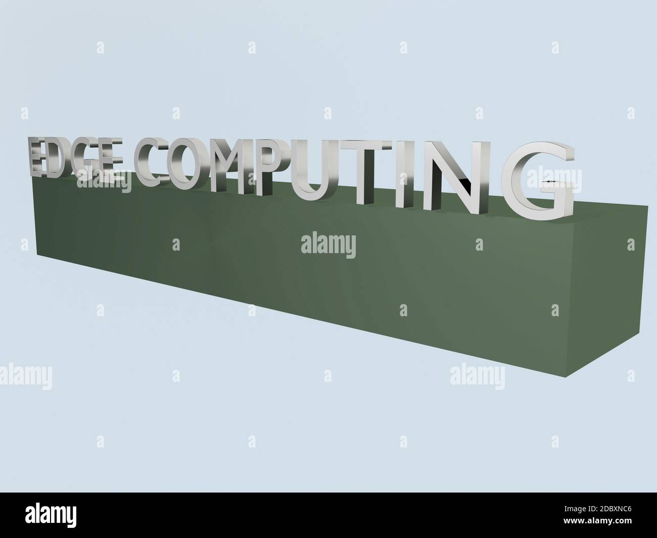 3D-Illustration von Buchstaben bilden die Worte EDGE COMPUTING auf dem Rand eines grünen Körpers, isoliert auf blauem Hintergrund. Stockfoto