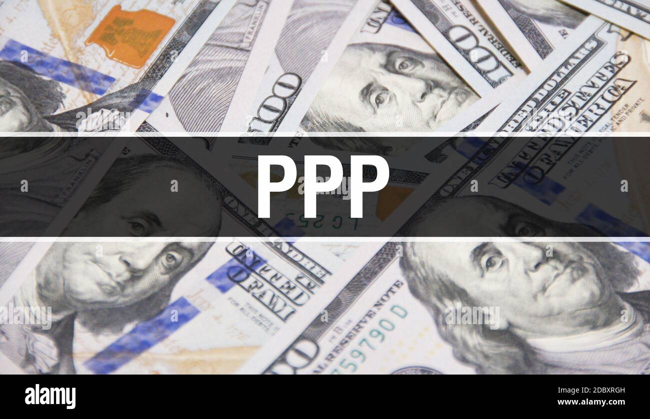 PPP-Textkonzept Closeup. American Dollars Cash Money, 3D-Rendering. PPP bei Dollar-Banknote. Finanz USA Geld Banknote Commercial Money Investment p Stockfoto