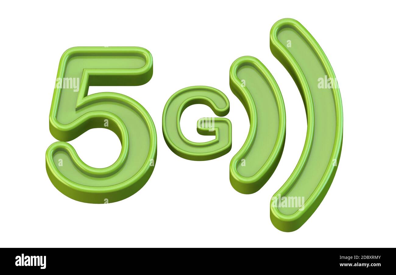 Grünes 5G-Symbol 3D-Renderdarstellung isoliert auf weißem Hintergrund Stockfoto
