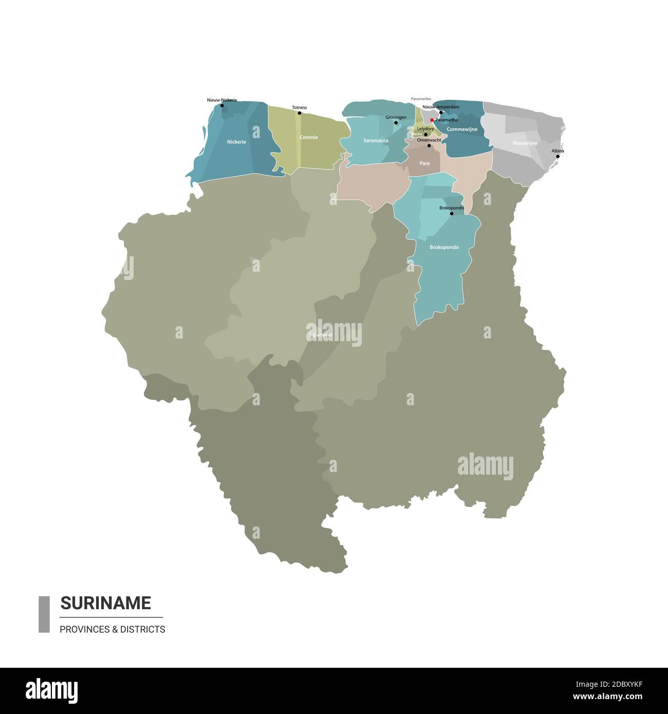 Suriname hat detaillierte Karte mit Unterteilungen. Verwaltungskarte von Suriname mit Bezirken und Städten Namen, farbig nach Bundesstaaten und administrative dist Stock Vektor
