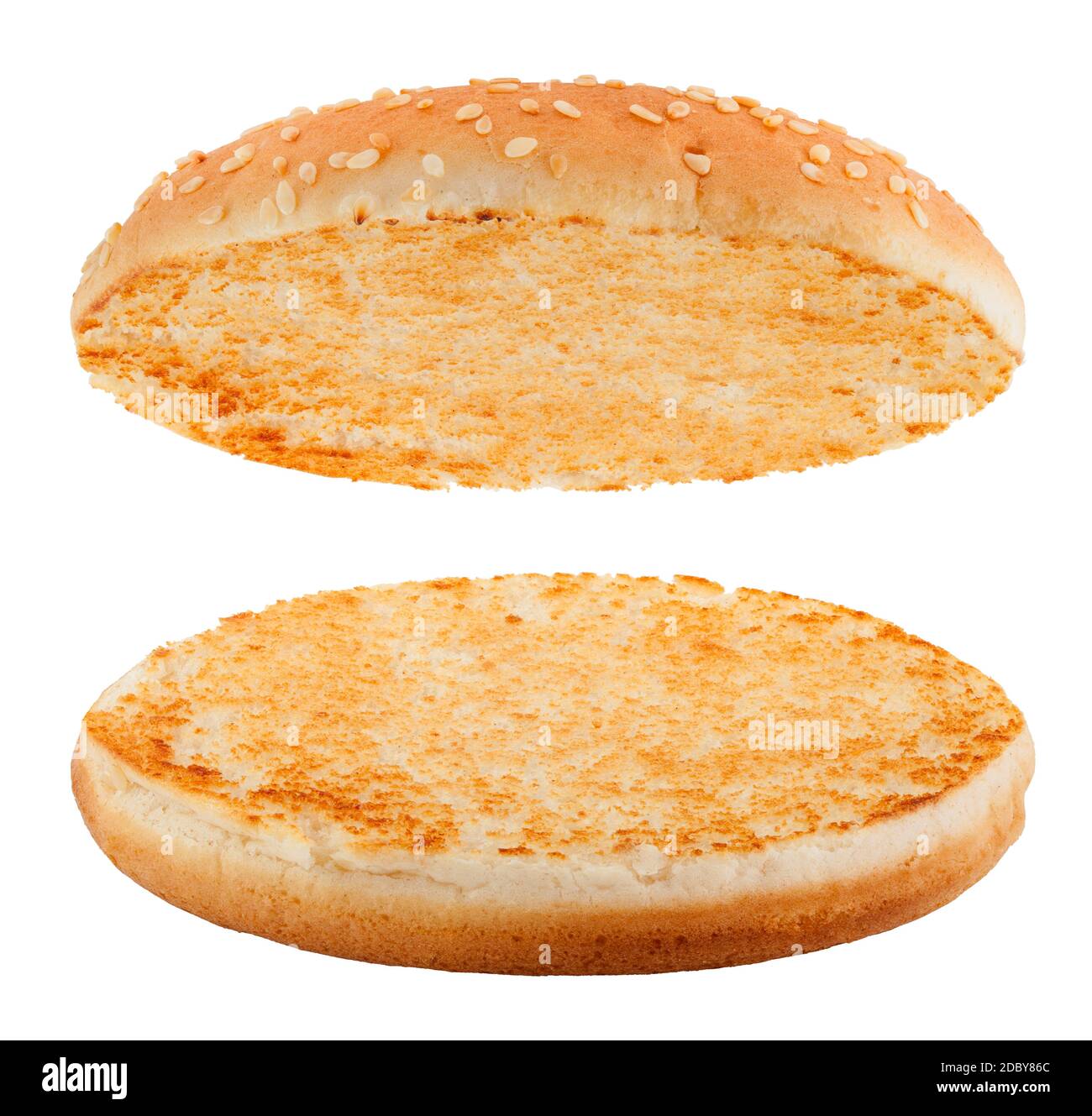 Hamburger Brötchen, Brot, isoliert auf weißem Hintergrund, Schnittpfad, volle Schärfentiefe Stockfoto