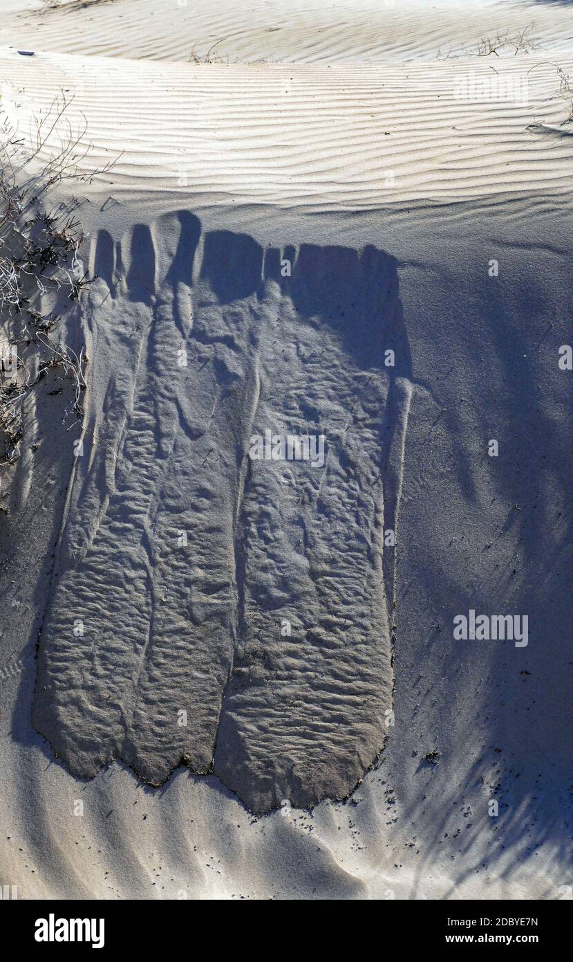 Muster auf Sanddünen, an den Sandstränden von La Mata, Torrevieja, Costa Blanca, Spanien, Winter, Wintersonne, Reiseziel Stockfoto