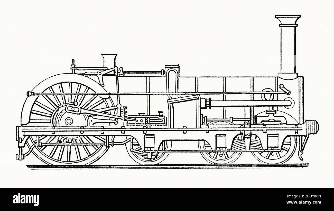 Ein alter Stich einer von Thomas Crampton entworfenen Lokomotive, UK um 1850. Es ist aus einem viktorianischen Maschinenbaubuch der 1880er Jahre. Thomas Russell Crampton (1816–1888) war ein englischer Ingenieur, geboren in Broadstairs, Kent, und ausgebildet in Brunels Great Western Railway. Er ist vor allem für die Entwicklung der Crampton Lok bekannt. Crampton erkannte, dass die Breitspurlokomotiven der Great Western Railway besser waren als die Normalspur und 1843 entwarf Crampton eine Lok mit dem Antriebsrad, das hinter der Feuerstelle platziert war. Eine davon, ‘Folkstone’, wurde auf der Großen Ausstellung von 1851 ausgestellt Stockfoto