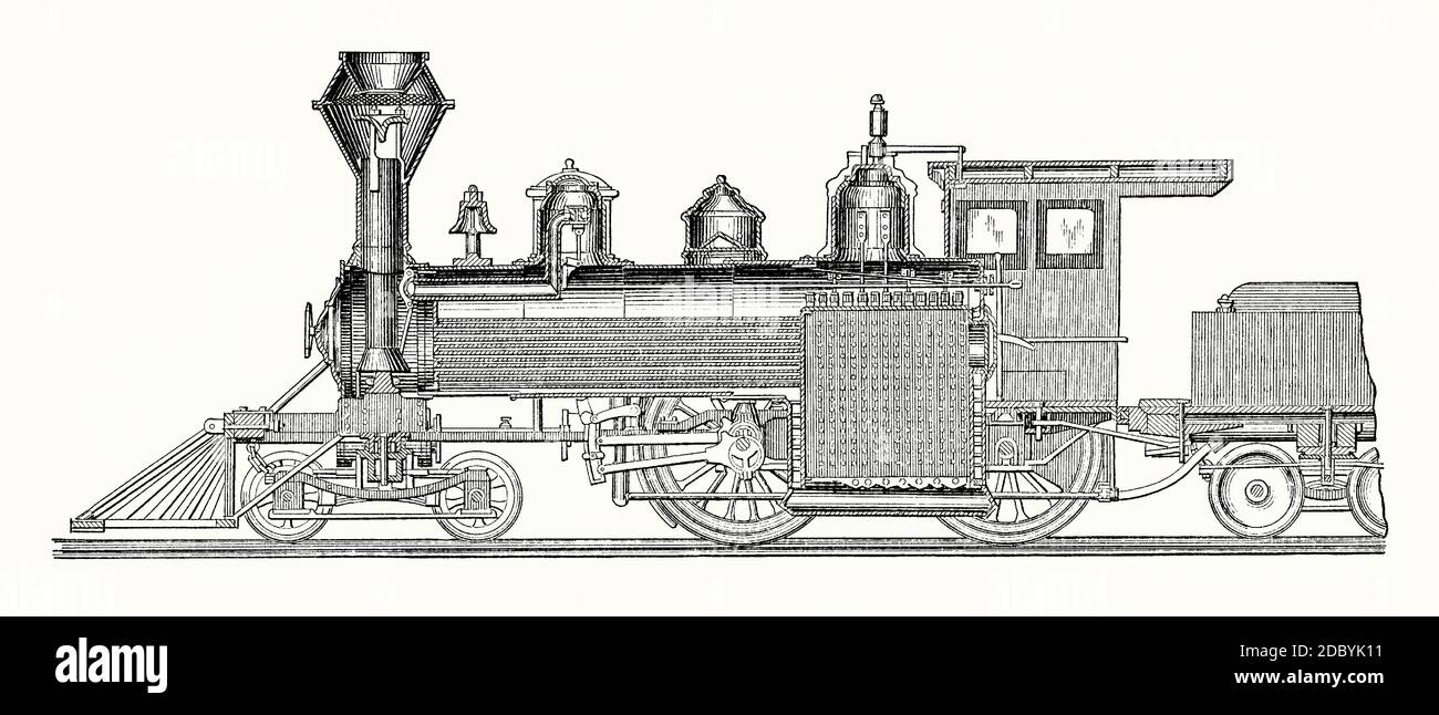 Ein alter Stich einer ‘amerikanischen’ Baldwin Lokomotive, erstmals 1836 in den USA zu sehen. Es ist aus einem viktorianischen Maschinenbaubuch der 1880er Jahre. Die Baldwin Locomotive Works (BLW) war ein amerikanischer Hersteller von Eisenbahnlokomotiven von 1825 bis 1956. Ursprünglich in Philadelphia gelegen, zog es im frühen 20. Jahrhundert in das nahe gelegene Eddystone, Pennsylvania. Sein Gründer Matthias W Baldwin (1795–1866) war Juwelier. Seine erste Lokomotive, ‘Old Ironsides’, wurde 1832 erprobt. Diese 4-4-0 ist am häufigsten als die ‘amerikanische’ Typ bekannt. Stockfoto