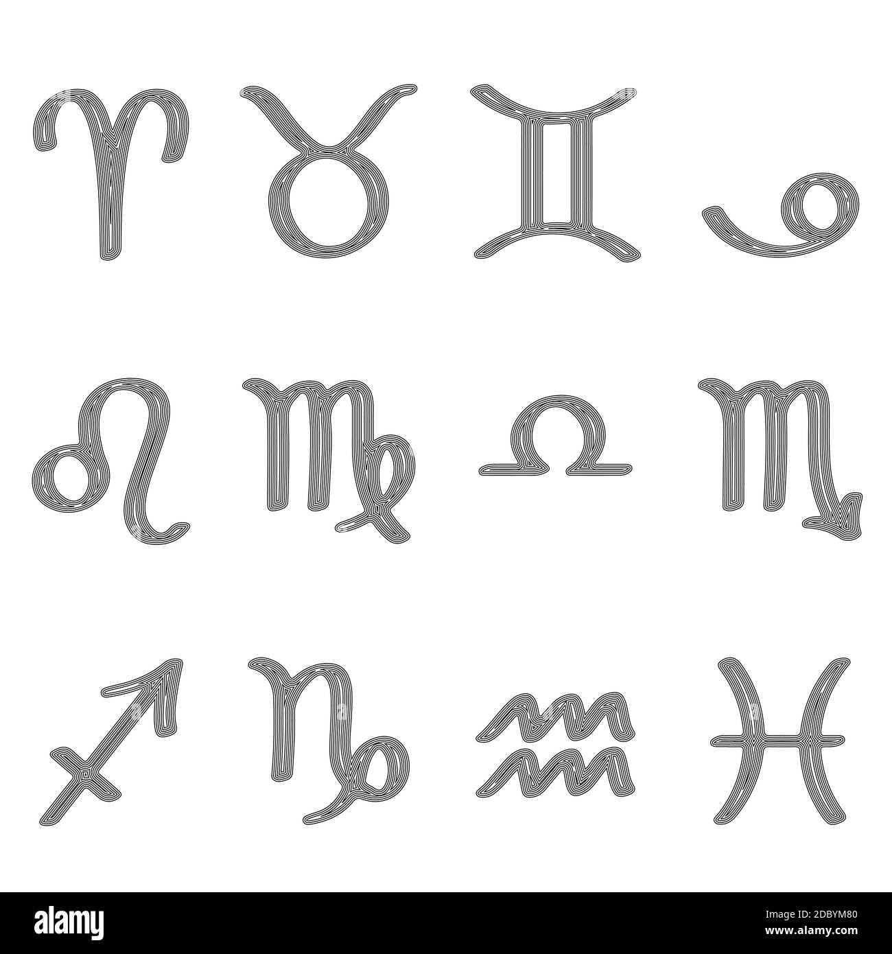 Satz von Tierkreiszeichen, Tierkreiszeichen, lineare Zeichnung, Tierkreiszeichen in schwarzen Linien auf weißem Hintergrund, Vektor-Illustration, eps 10 Stock Vektor