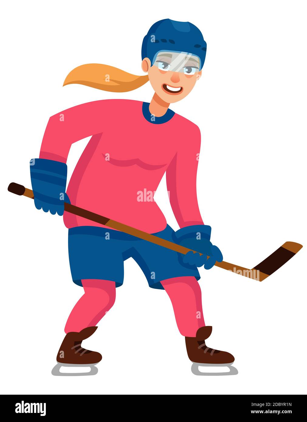 Hockeyspieler in Angriffsposition. Weibliche Figur im Cartoon-Stil. Stock Vektor