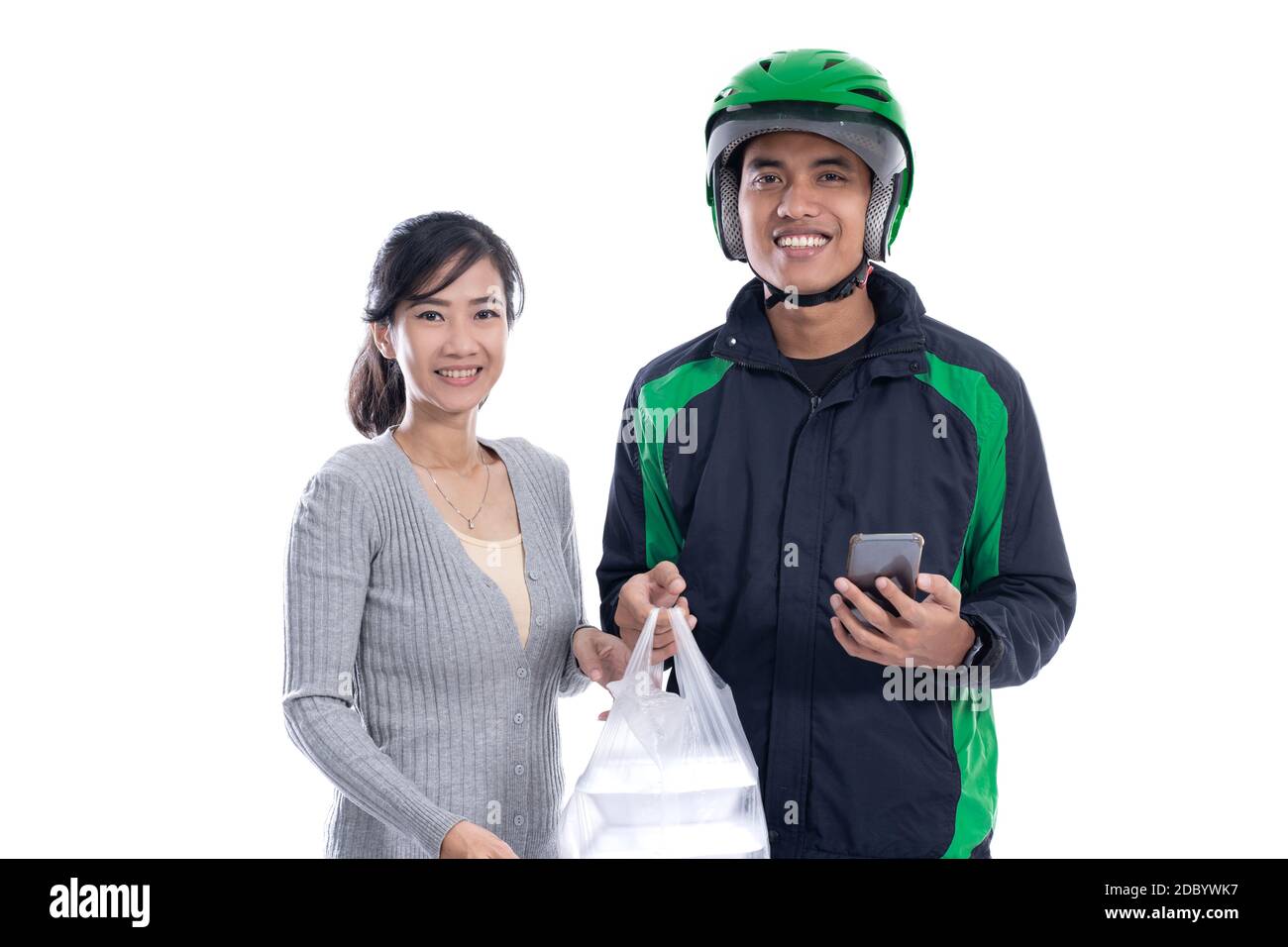 Portrait von glücklich Lieferung Kurier lächelnd isoliert auf weißem Hintergrund Stockfoto