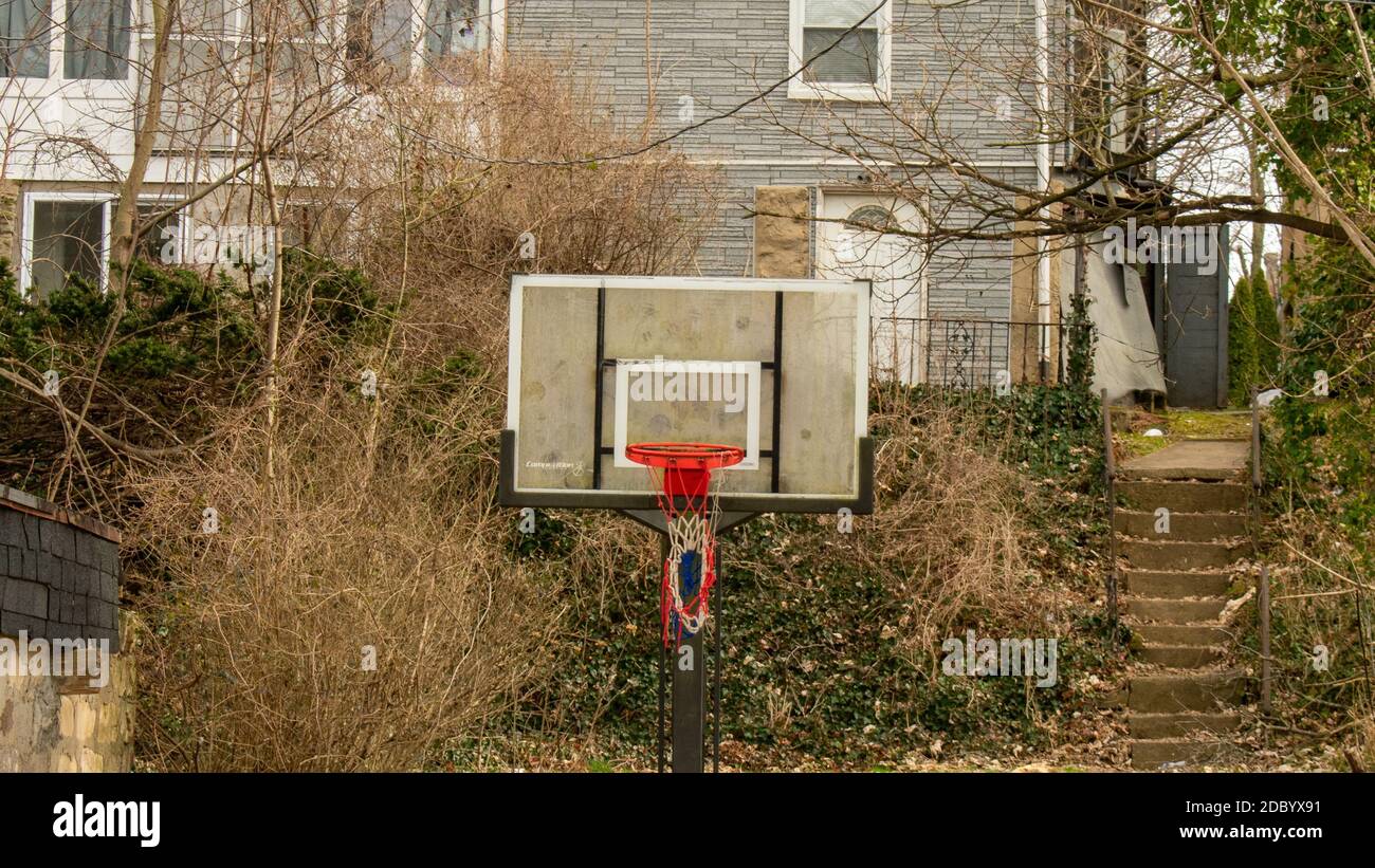 Ein Basketball-Netz, das vor einem überwucherten Vorland hängt Zu Hause Stockfoto