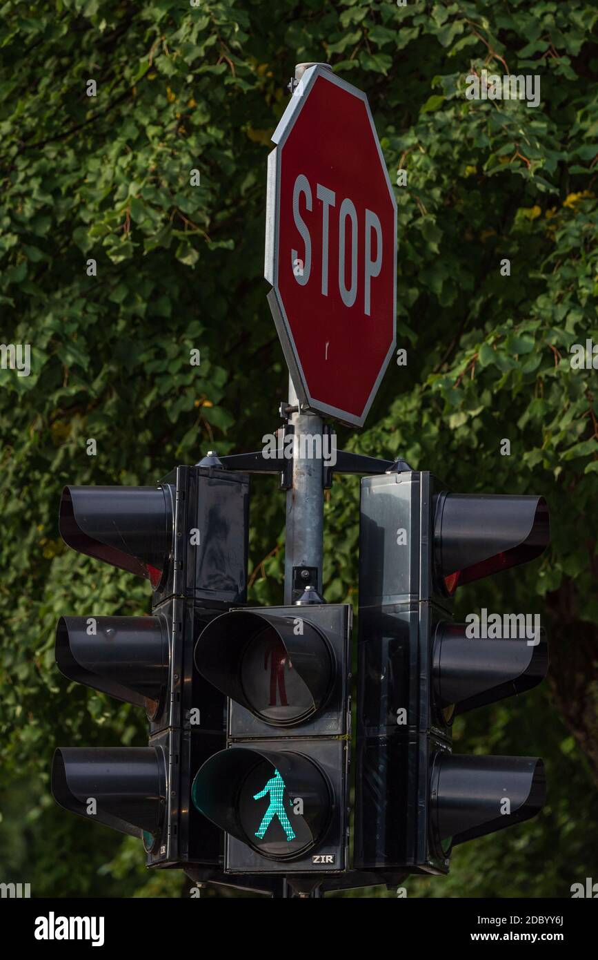 Stoppschild und Ampel mit einem beleuchteten grün Signallicht in Form einer menschlichen Situation Stockfoto