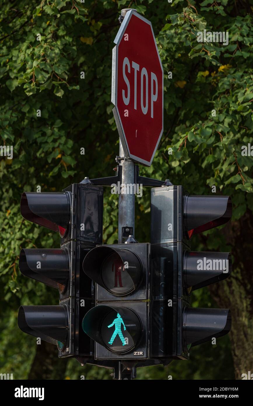 Stoppschild und Ampel mit einem beleuchteten grün Signallicht in Form einer menschlichen Situation Stockfoto
