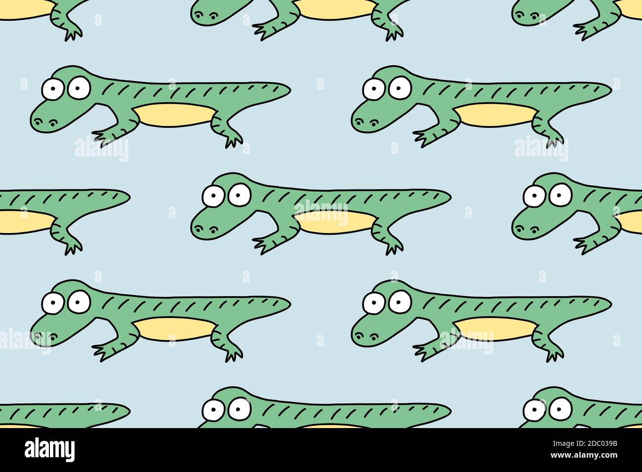 Cartoon Charakter Eidechse. Nahtloses Muster. Cartoon lustige Doodle Reptil. Handgezeichnete Vektorgrafik isoliert auf weißem Hintergrund. Für Kinder Stock Vektor