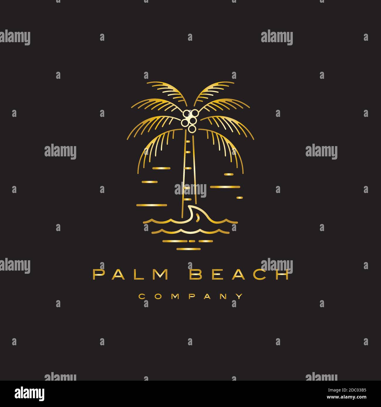 Goldene Palme am Strand mit Sonnenuntergang Illustration Logo Designvorlage Stock Vektor