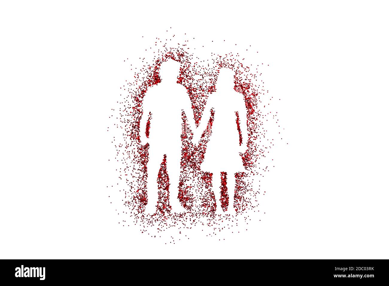 Mann und Frau auf rotem Glitzer isoliert auf weißem Hintergrund Stockfoto