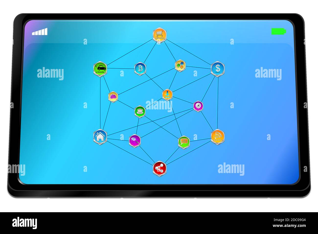 Tablet-Computer mit KI Künstliche Intelligenz, Internet der Dinge onblue Desktop - 3D-Illustration Stockfoto