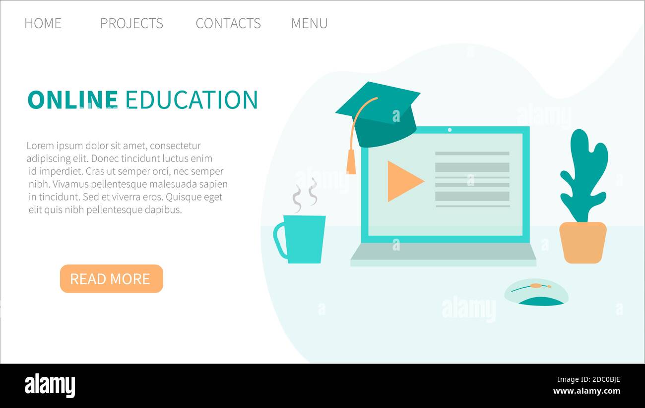 Flaches Design Konzept der Online-Bildung, Schulungen und Kurse, Lernen, Video-Tutorials. Webinare. Vorlage für Landing-Page. Vektorgrafik für Web Stock Vektor