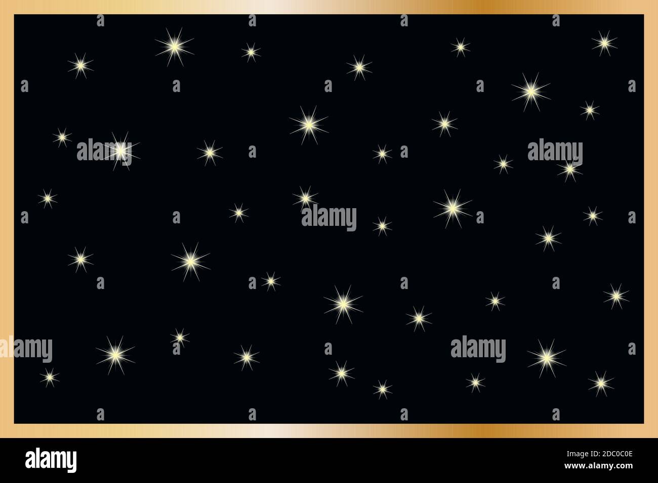 Leuchtendes rechteckiges Banner mit Sternen. Goldener Rahmen mit Funkeln und Kopierraum. Leere luxuriöse dunkle Kulisse. Goldener Rahmen mit Lichteffekten. Vektor Stock Vektor