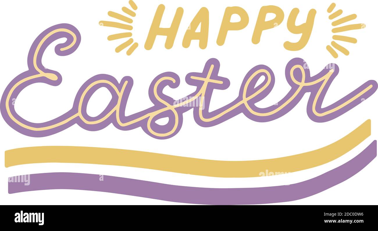 Frohe Ostern, Schrift Kalligraphie, bunt isoliert handschriftlich gelb, lila Text auf weißem Hintergrund. Vorlage für Typografie Poster, Banner Stock Vektor