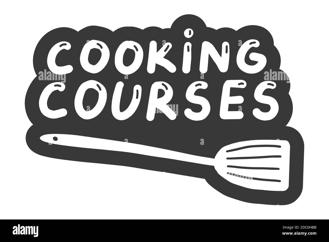 Kochkurse Logo Vorlage. Schrift Kalligraphie Illustration. Handgeschriebener Pinsel trendy schwarzen Aufkleber mit Text isoliert auf weißem Hintergrund Stock Vektor