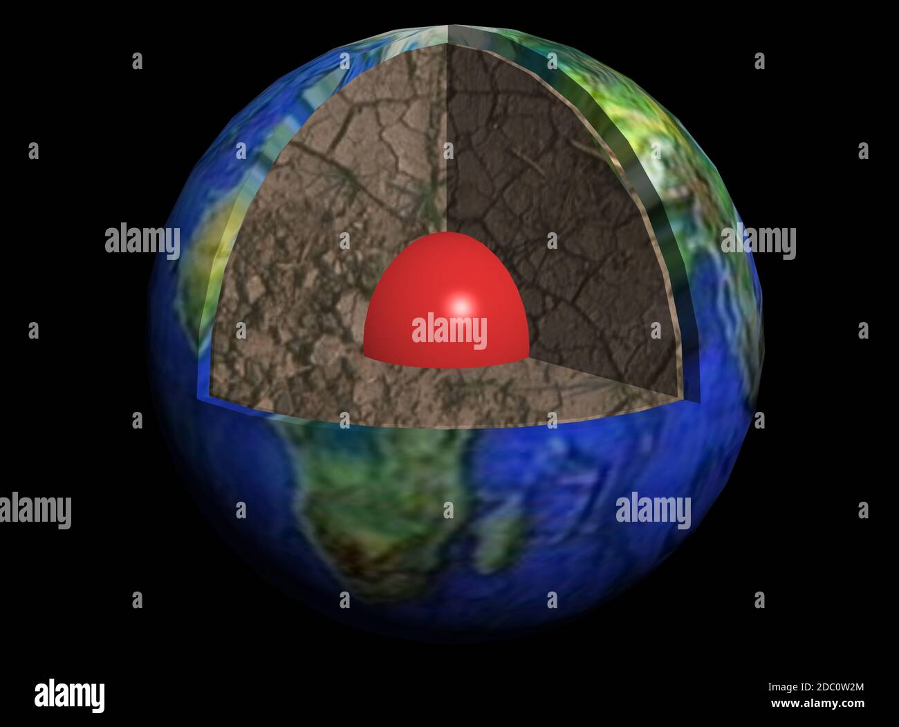 3D-Modell der Erde mit Kontinenten Erdküste und Kern Stockfoto