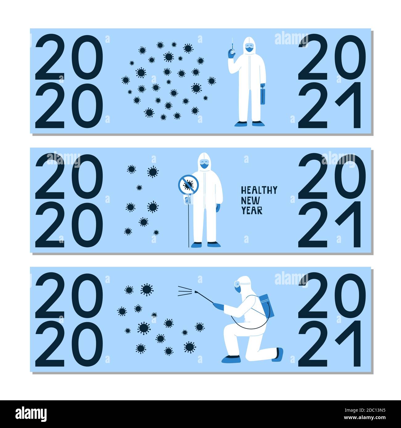 Vektor-Set von horizontalen Plakaten für Neujahr 2021 Design. Banner, Flyer, saisonale Themenkarte. Keine Infektion, Keime. Doktor in weißem Hazmat Anzug Stock Vektor