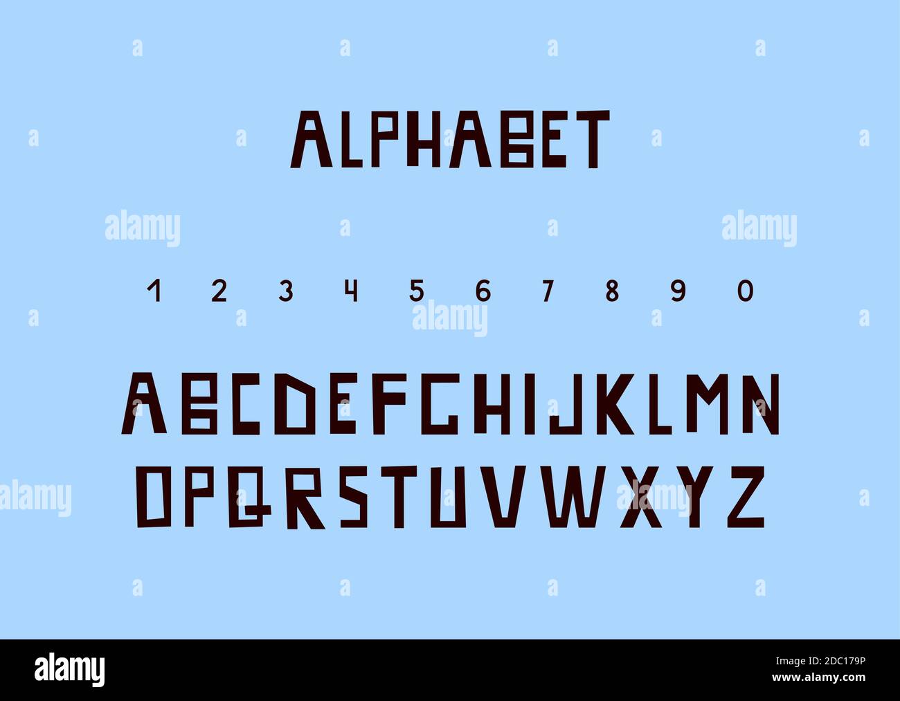 Kreative Schriftart für Ihr Design. Modernes Alphabet, Schrift isoliert auf blauem Hintergrund. Fett gedruckte Großbuchstaben und Zahlen. Vektorset Stock Vektor