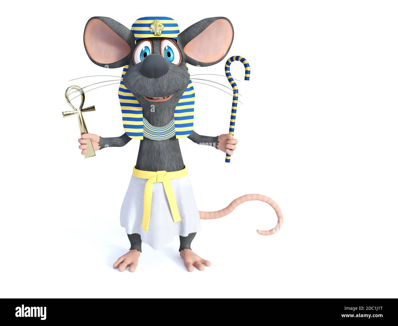 3D-Rendering einer niedlichen lächelnden Cartoon-Maus in einem alten ägyptischen Stil gekleidet, hält ein Ankh und ein Hirtenquäler Zepter. Weißer Hintergrund. Stockfoto