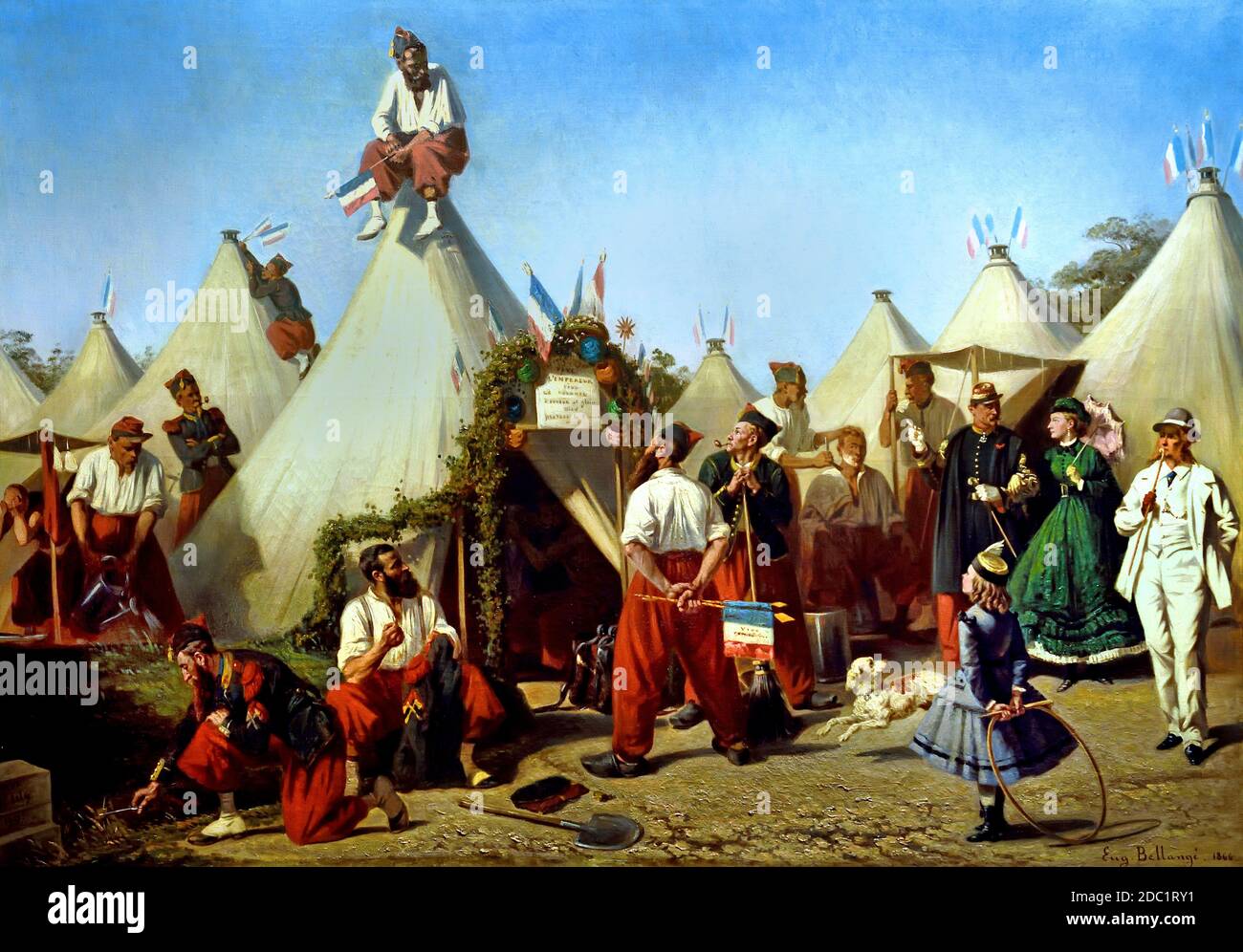 Infanterie-Sapper Einrichtung Lager für den Tag des Kaisers am 15. August 1866 von , Eugène Bellangé 1837-1895 , Frankreich, Französisch. ( Armee von Kaiser Napoleon Bonaparte ) Stockfoto