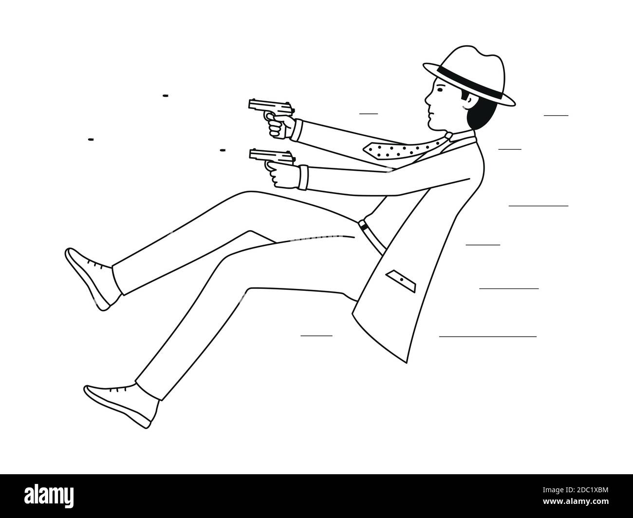 Ein Undercover-Agent feuert Pistolen. Gefährliche Detektivmission, Shootout Vektor-Illustration isoliert auf weißem Hintergrund. Stock Vektor