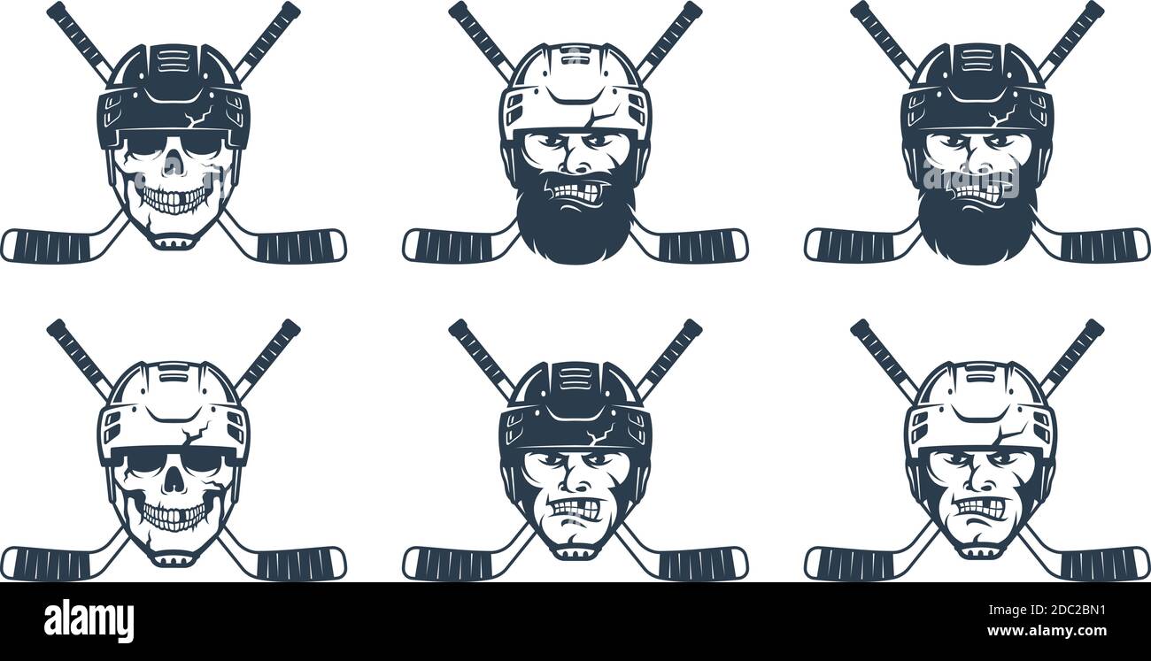 Hockeyspieler Kopf und gekreuzte Stöcke. Vorlage für Hockey-Emblem. Vektor-Retro-Illustration. Stock Vektor