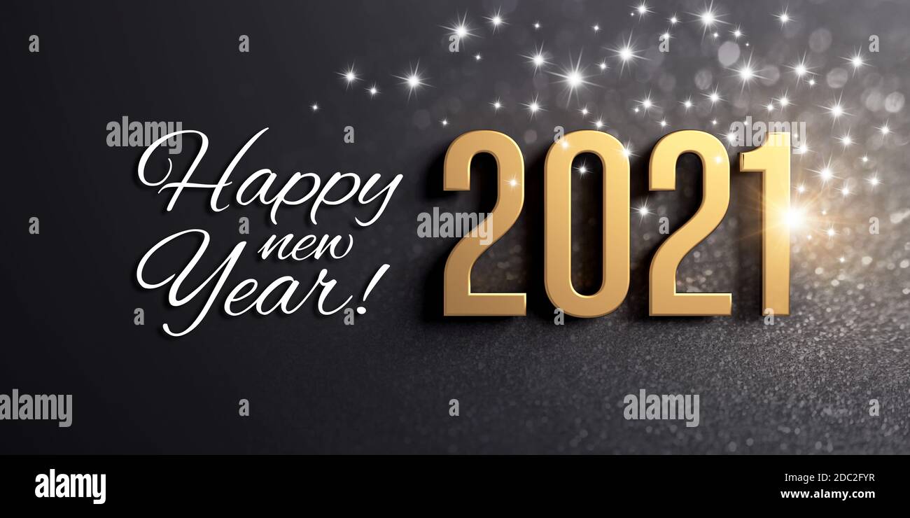 Frohe Neujahrsgrüße und 2021 Datumsnummer in Gold, auf einer festlichen schwarzen Karte, mit Glitzern und Sternen - 3D-Illustration Stockfoto