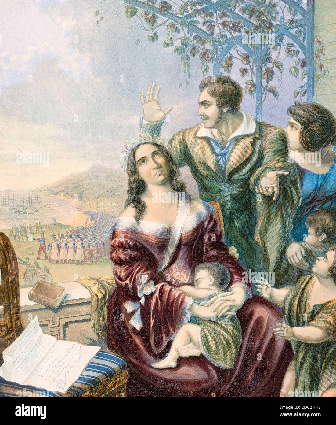 Pomare IV., Königin von Tahiti (1813–1877) zur Zeit der Landung der französischen Streitkräfte, Holzschnitt von George Baxter, 1845 Stockfoto