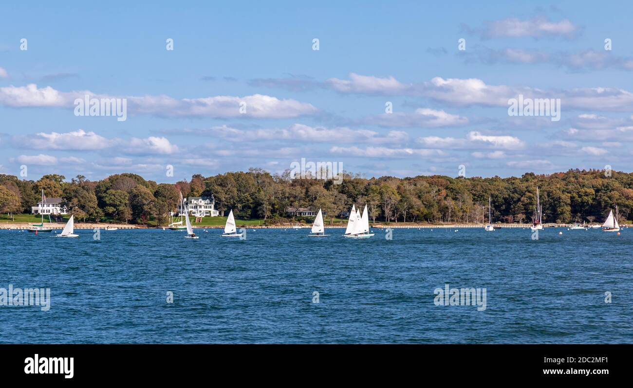 Gruppe von kleinen Segelbooten, die in Dering Harbour, Shelter Island, NY segeln Stockfoto