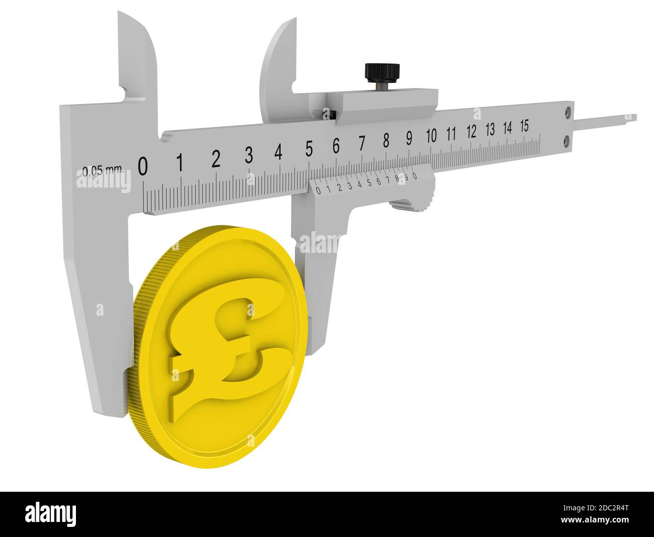 Der Bremssattel misst die goldene Münze mit dem Symbol des Britischen Pfund Sterling. Finanzkonzept. 3D-Illustration Stockfoto