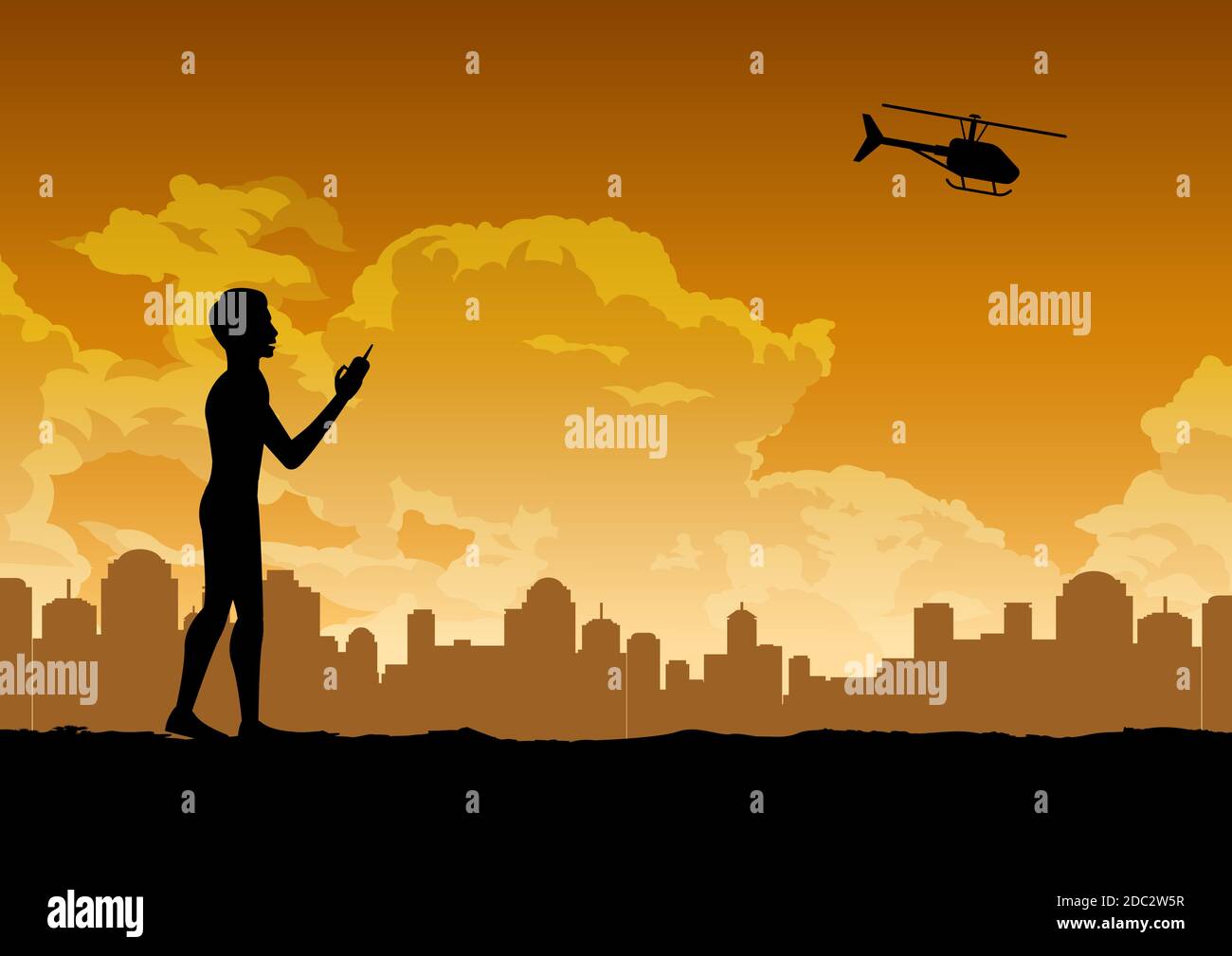 Silhouette Design des Menschen spielt rc Hubschrauber, Vektor-Illustration Stock Vektor