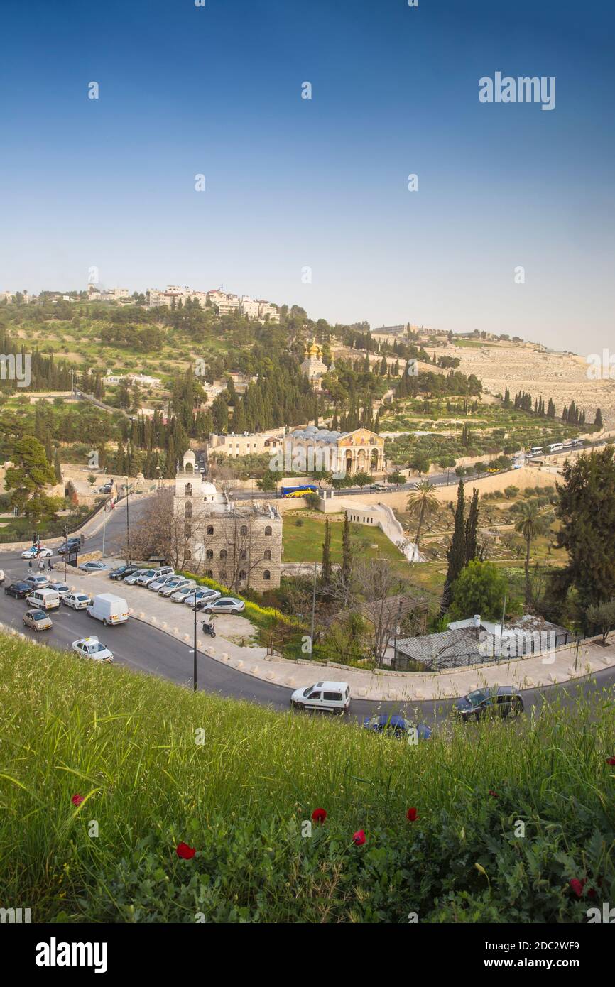 Israel, Jerusalem, Blick auf den Ölberg, Blick auf die Kirche aller Völker und die Kirche Maria Magdalena Stockfoto