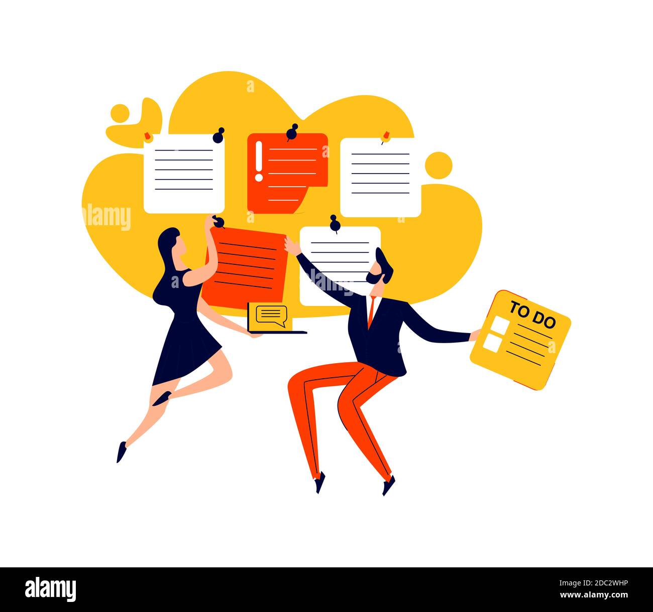 Termin, Zeitmanagement und Teamarbeit Business Concept Vector. Mitarbeiter des Unternehmens mit Aufgabenkarten, effektive Planung zu tun Stock Vektor