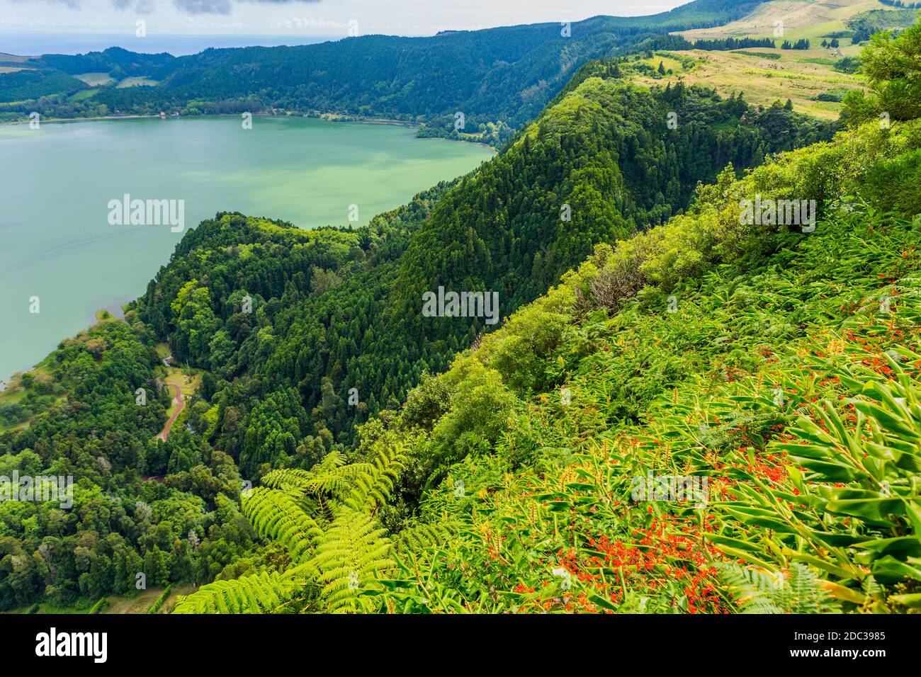 Blick auf den Furnassee (Lagoa das Furnas) auf Sao Miguel, Azoren, Portugal vom Aussichtspunkt Pico do Ferro. Ruhige Szene des Sees Stockfoto