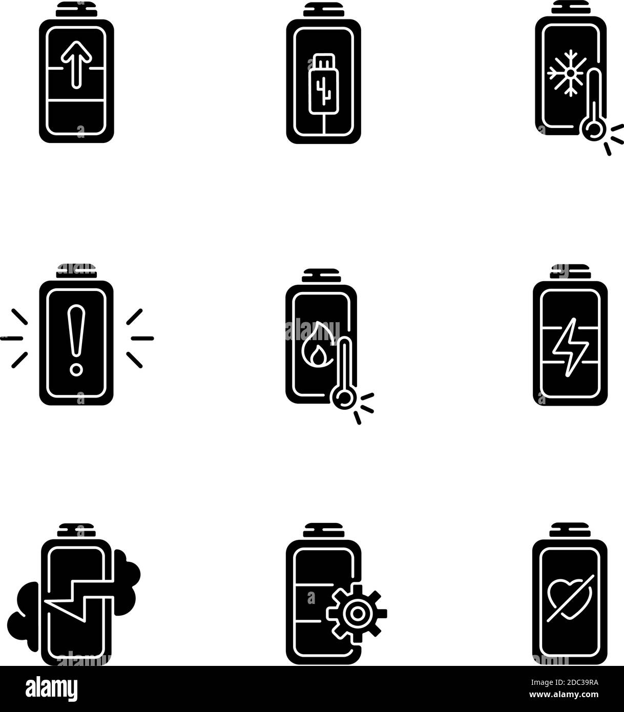 Batterieprobleme schwarze Glyphen-Symbole auf weißem Raum gesetzt Stock Vektor