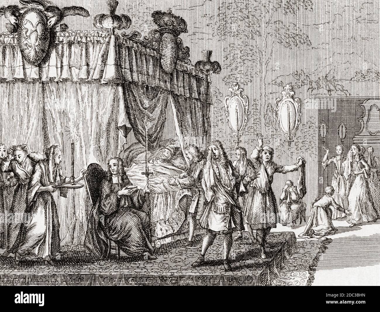 Peter der große auf seinem Sterbebett. Peter der große, Peter I. oder Pjotr Alexejewitsch Romanow, 1672 – 1725. Zar von Russland. Aus einem Stich von Leonard Schenk aus dem 18. Jahrhundert nach einem Werk von Adolf van der Laan. Stockfoto