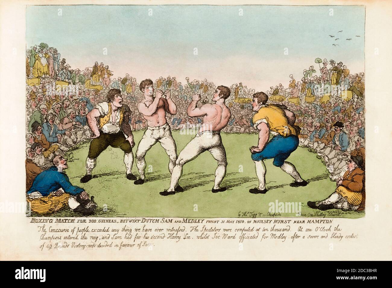 Boxkampf um 200 Guineas zwischen den Holländern Sam und Ben Medley, kämpfte am 31. Mai 1810 auf Moulsey Hurst in der Nähe von Hampton. Nach einer Arbeit von Thomas Rowlandson. Der Name des holländischen Sams war Samuel Elias. Er lebte von 1775 - 1816. 1997 wurde er in die International Boxing Hall of Fame gewählt. Über Ben Medley ist wenig bekannt. Stockfoto