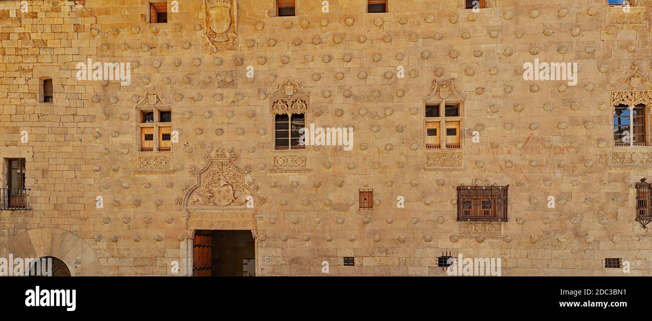 Detail des historischen Muschelhauses, erbaut 1517 von Rodrigo Arias de Maldonado Ritter des Ordens von Santiago de Compostela in Salamanca, Stockfoto