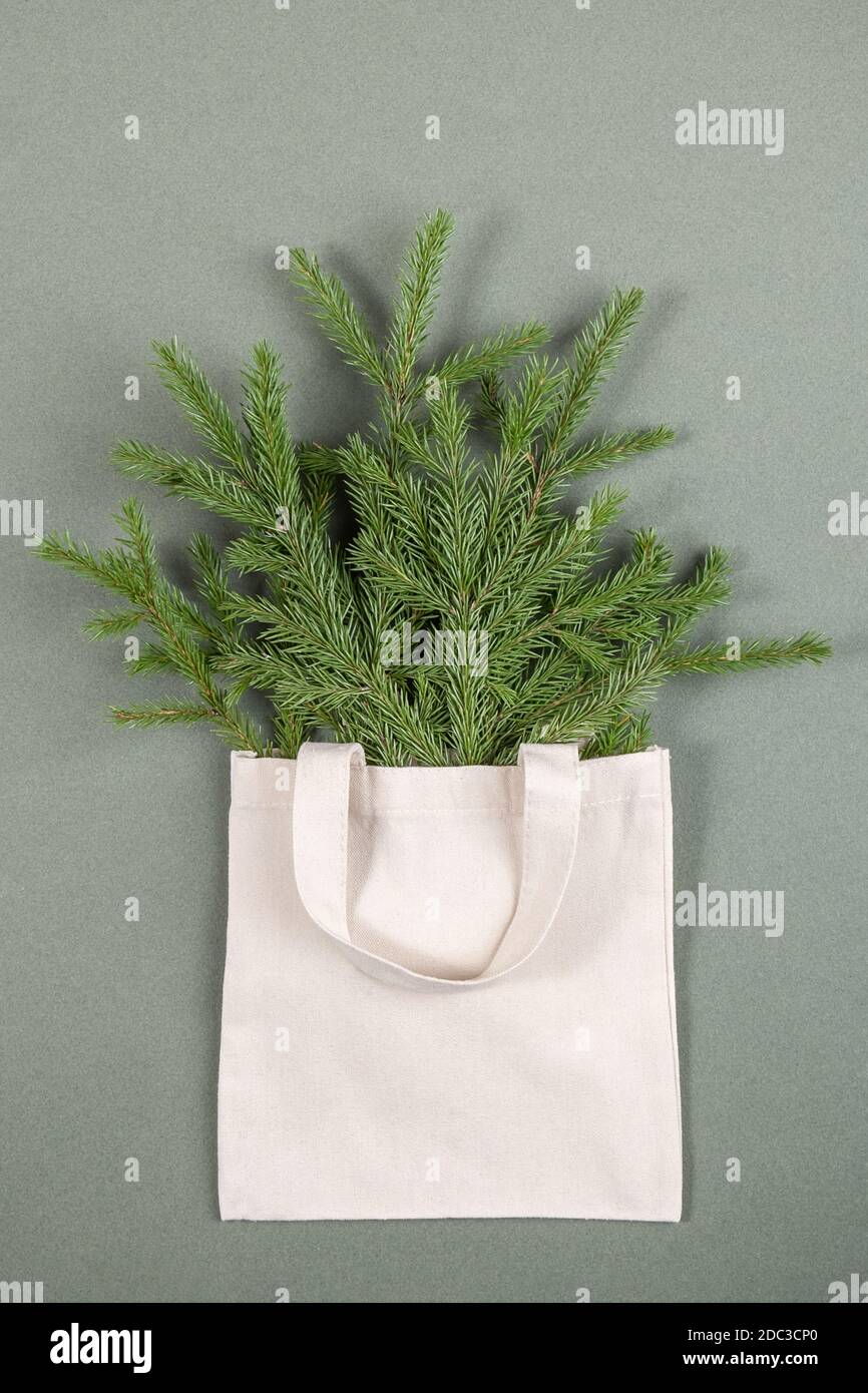 Ein Bouquet von Tannenzweigen in einem Stoff-Öko-Beutel auf grünem Hintergrund. Konzept umweltfreundlich und ohne Verschwendung. Draufsicht Flat Lay. Stockfoto