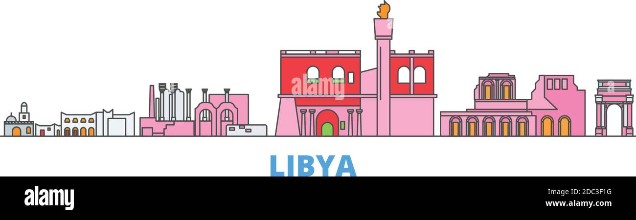 Libyen Linie Stadtbild, flache Vektor. Travel City Wahrzeichen, oultine Illustration, Linie Welt Symbole Stock Vektor