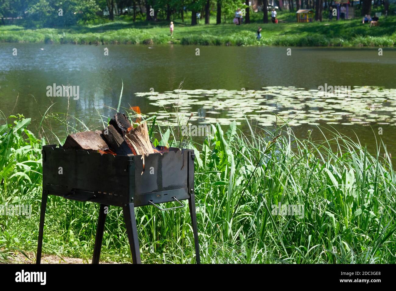 Grill. Grillen in der Natur. Holzfeuer für BBQ vorbereitet. Grillsaison in der Nähe des Sees. Picknick. Stockfoto