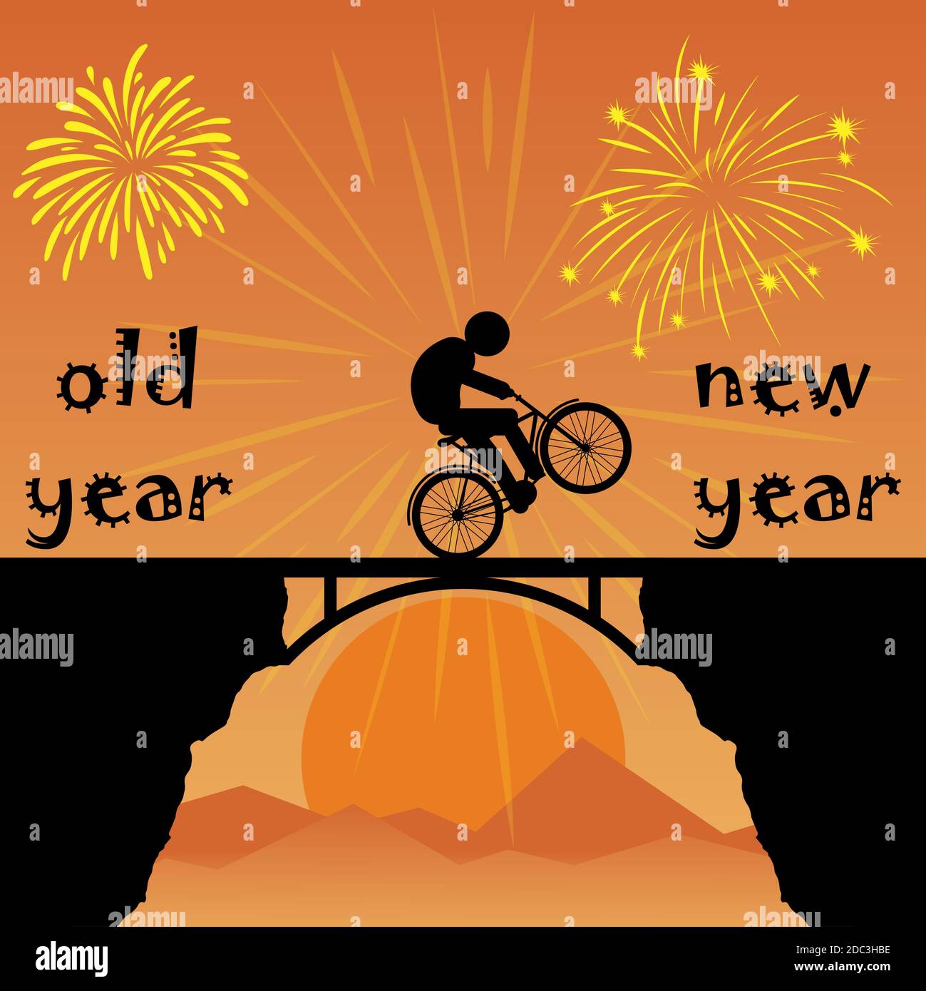 Radfahrer wechselt von altem Jahr zu neuem Jahr Stock Vektor