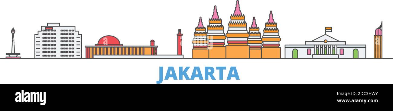 Indonesien, Jakarta Linie Stadtbild, flache Vektor. Travel City Wahrzeichen, oultine Illustration, Linie Welt Symbole Stock Vektor