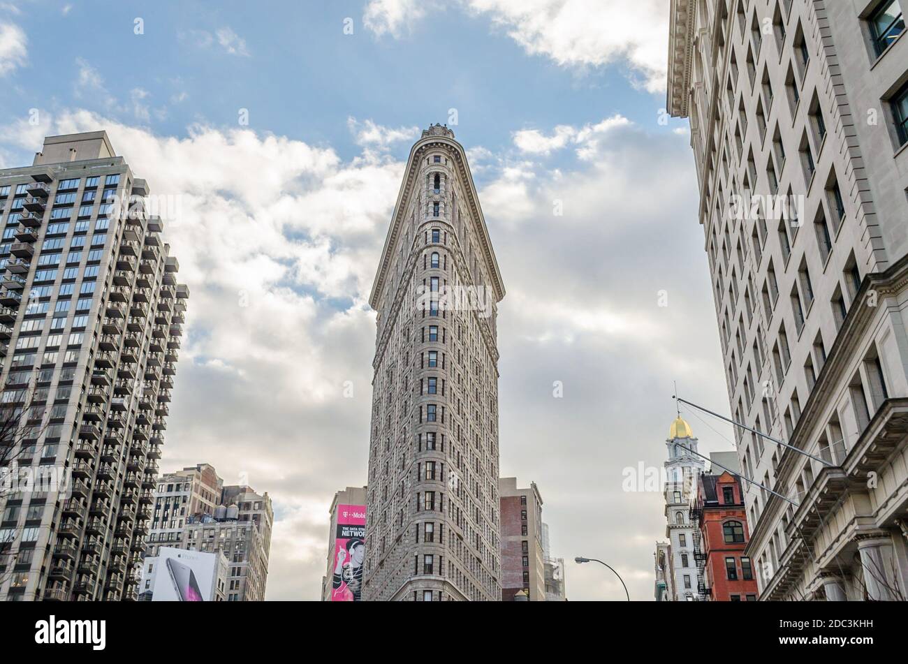Historisches Flatiron Building, dreieckiges, 22-stöckiges Stahlgerahmtes Wahrzeichen in Manhattan, New York City, USA Stockfoto
