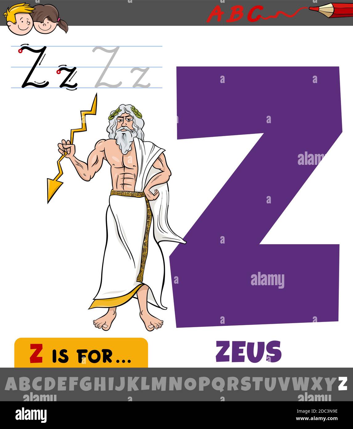 Pädagogische Karikatur Illustration des Buchstaben Z aus Alphabet mit Zeus Mythologischer Pädagogische Karikatur Illustration des Buchstaben Z aus Alphabet mit Zeus Mythologischer